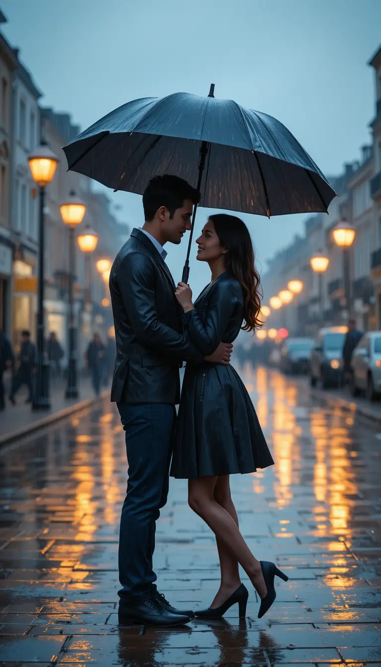 Romantic couple under a black umbrella on rainy street
