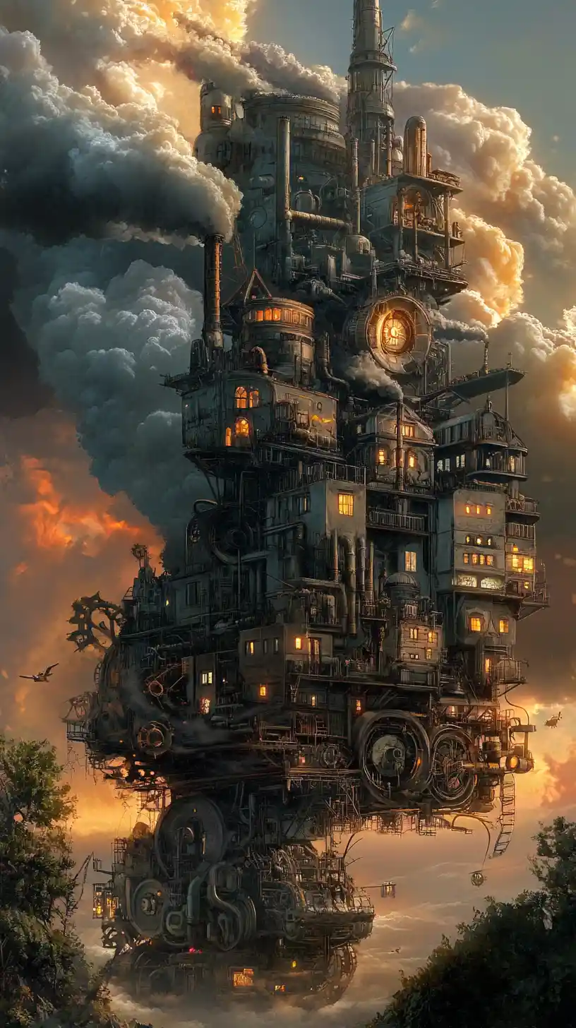 Enorme ciudad steampunk montada sobre rugientes ruedas mecánicas
