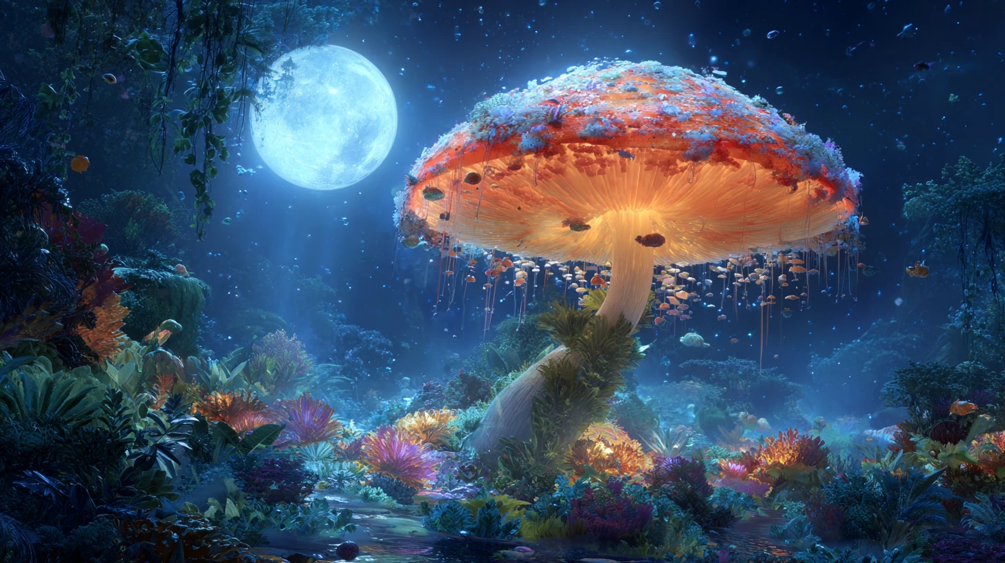 Giant glowing mushroom rising from a misty moonlit forest