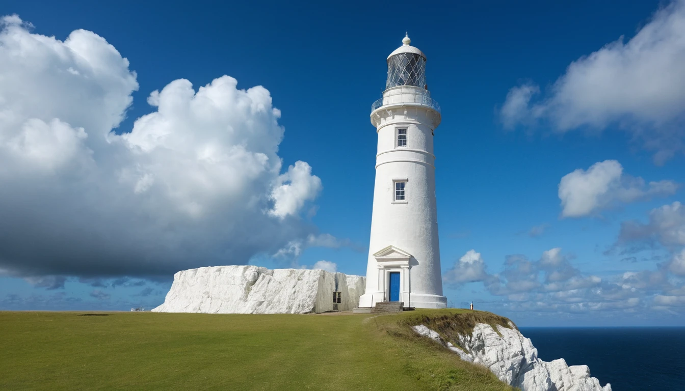 Massive white lighthouse rising above an island coastline