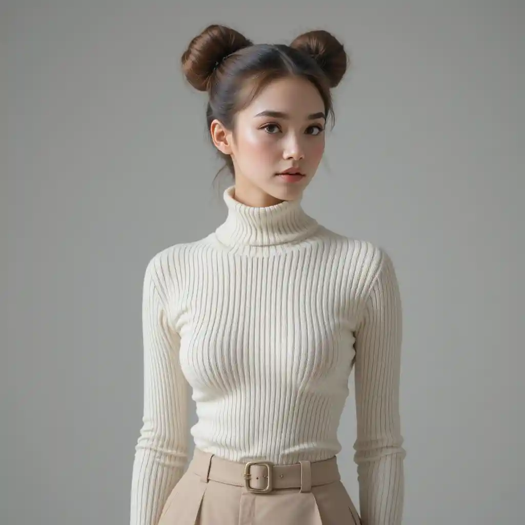 Minimalist fashion portrait of woman in ivory turtleneck