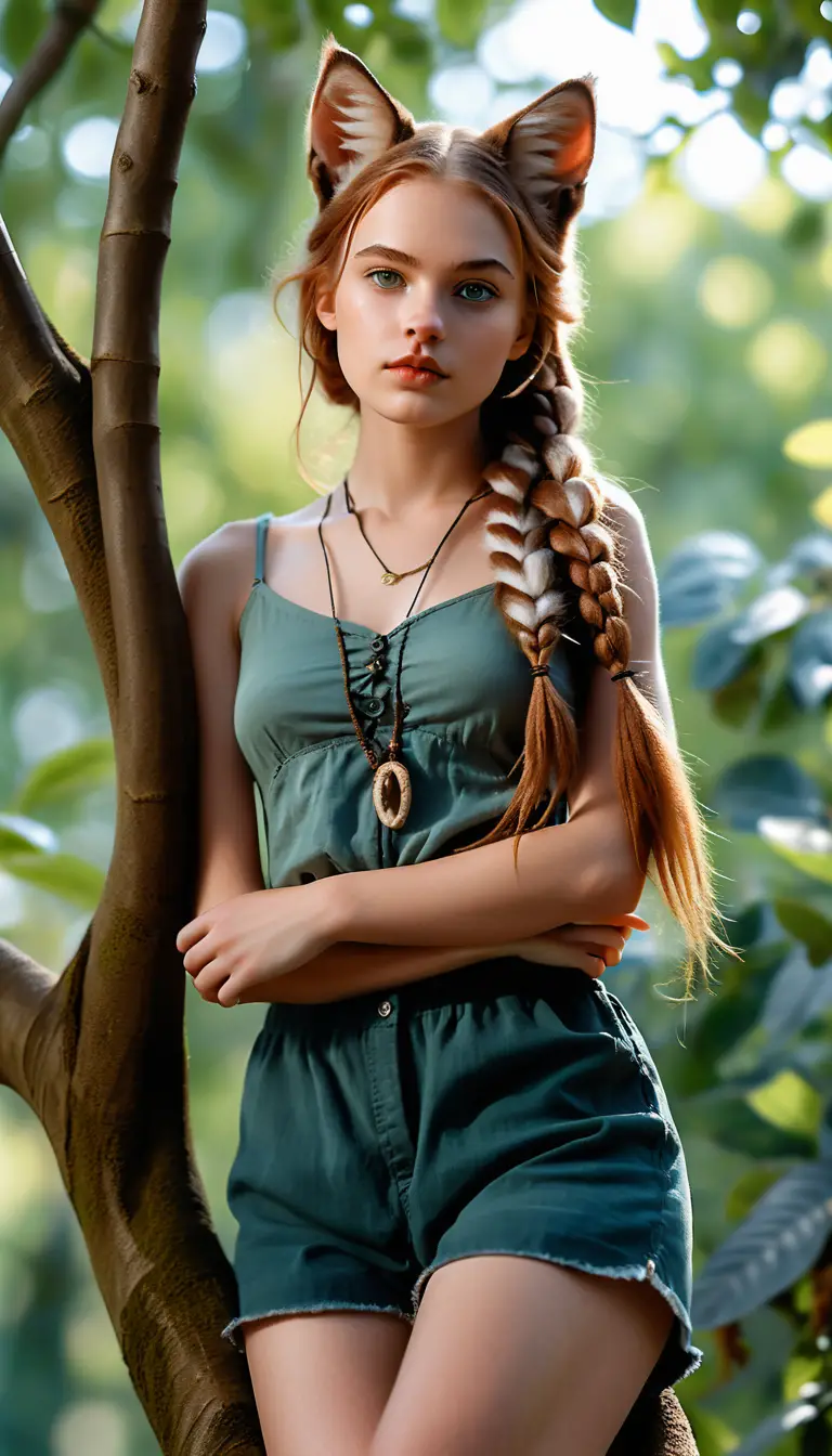 Young woman with feline features on a wild terrace