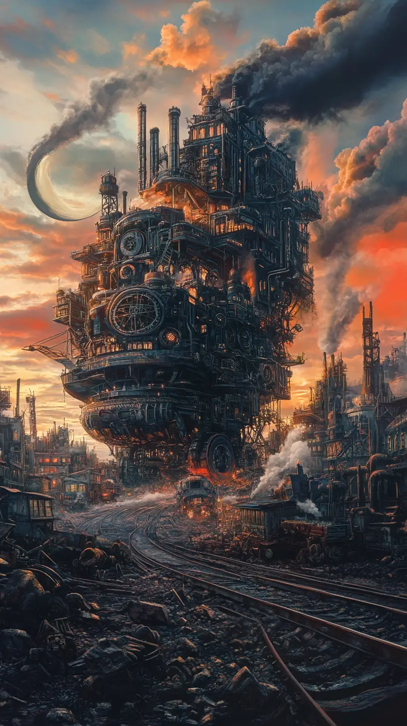 Gigantic Victorian mobile city chasing another across ruins