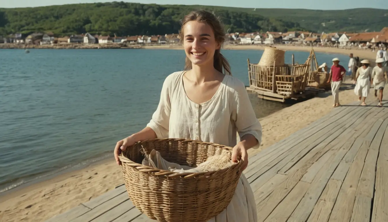 Young woman carrying a basket along a sunny boardwalk