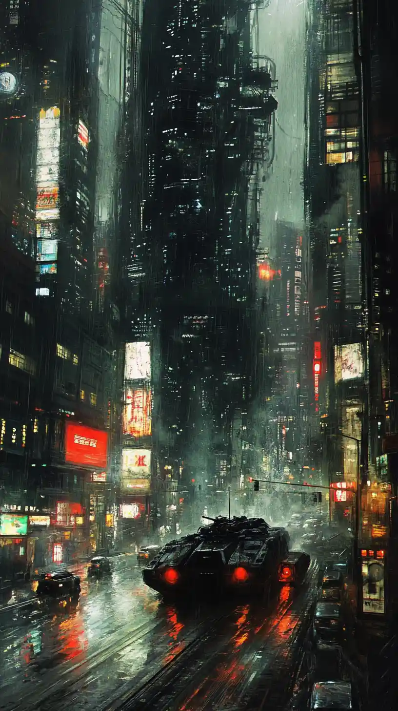 Ciudad distópica con tanques mecanizados deambulando de noche