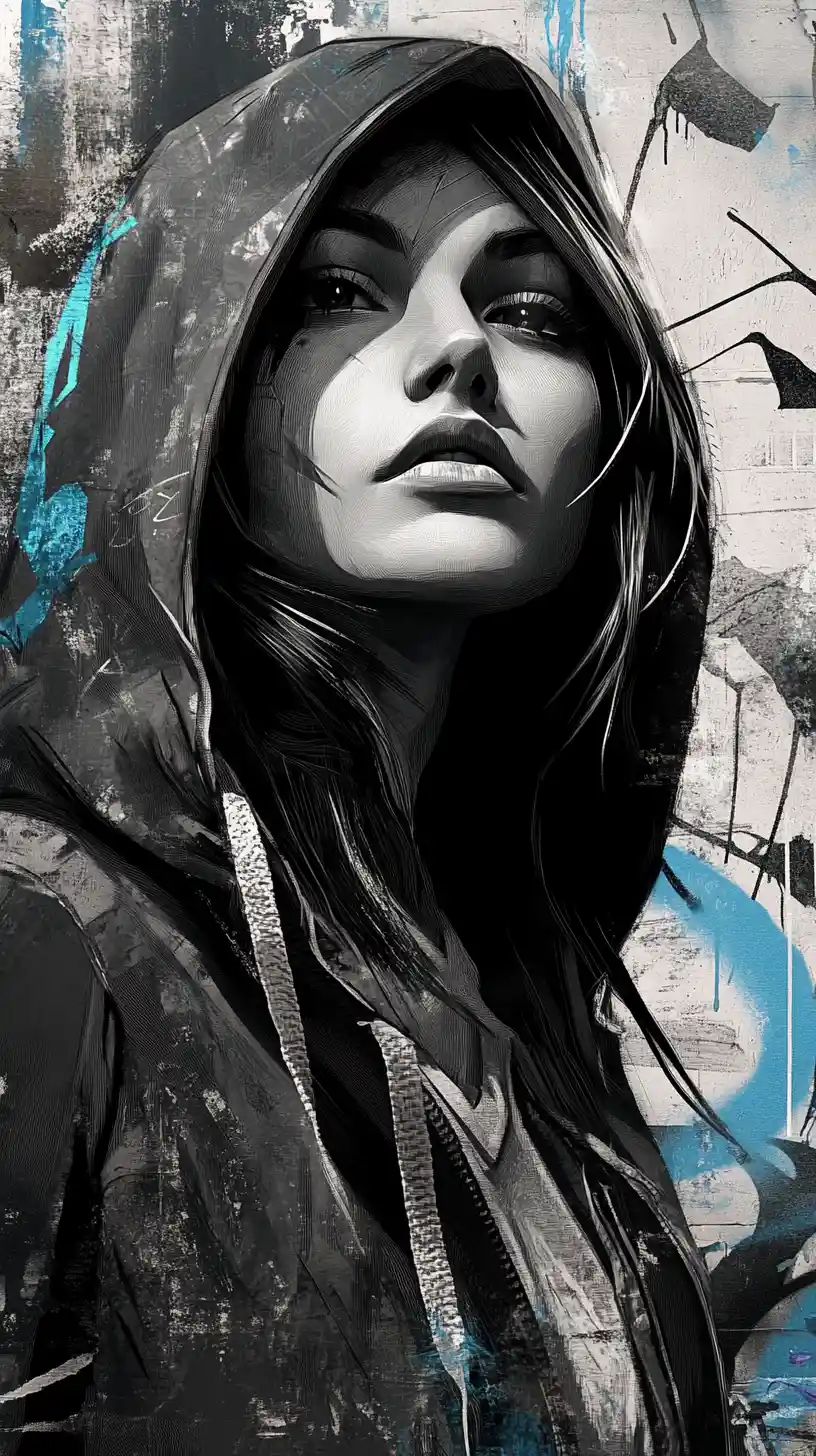 Determined young woman before bold black and white graffiti