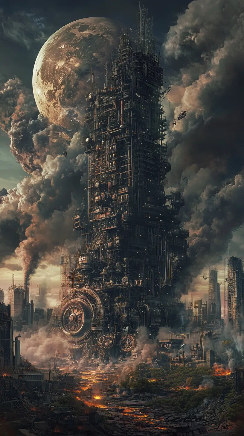 Giant wheeled victorian city chasing another across ruins