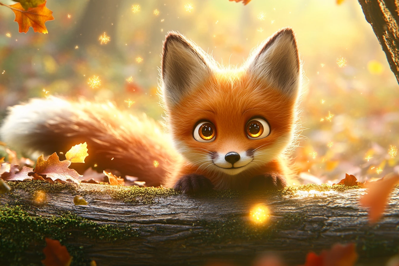 Young fox peeking from a mossy log in autumn forest
