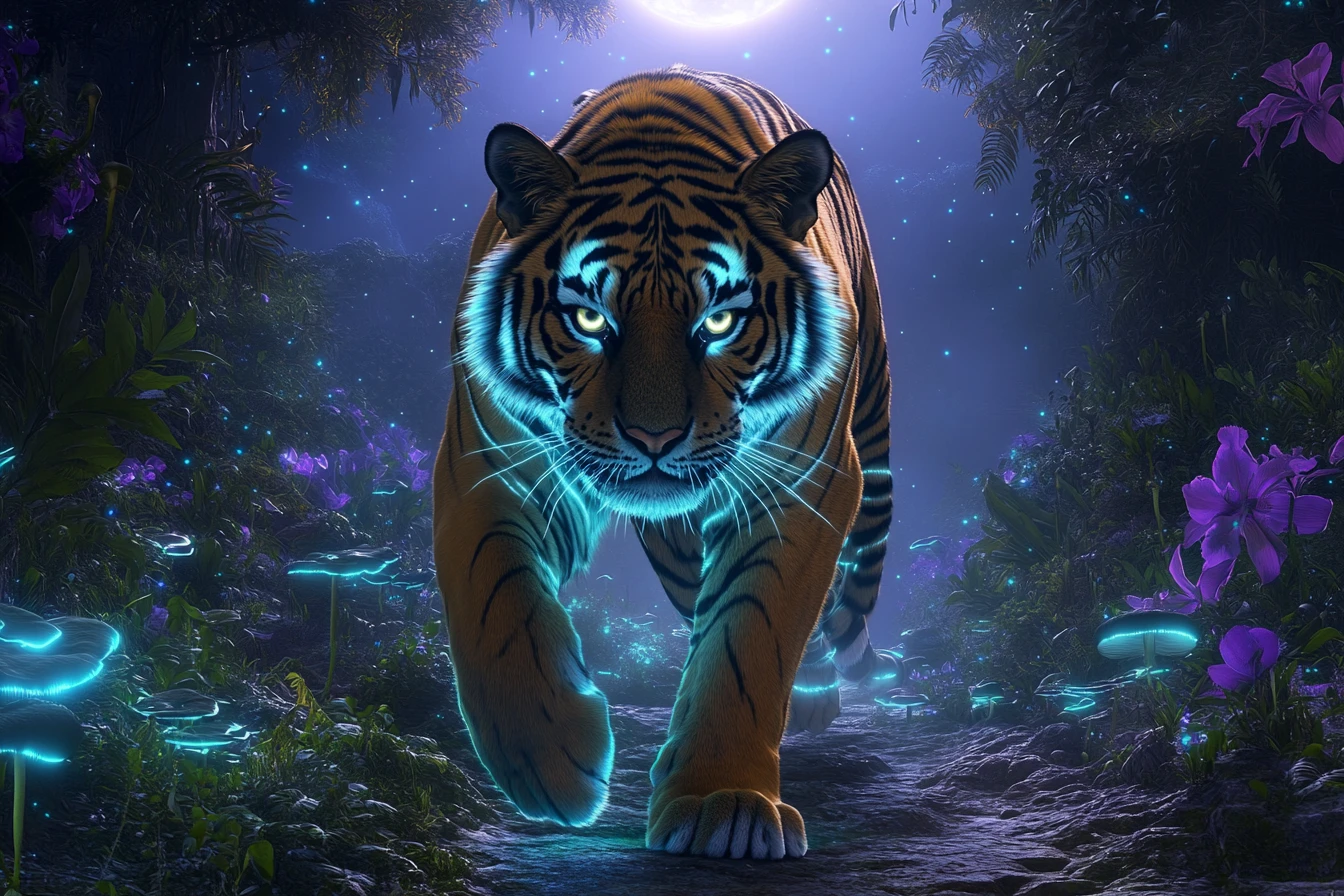 Majestuoso tigre de Bengala en una jungla bioluminiscente iluminada por la luna