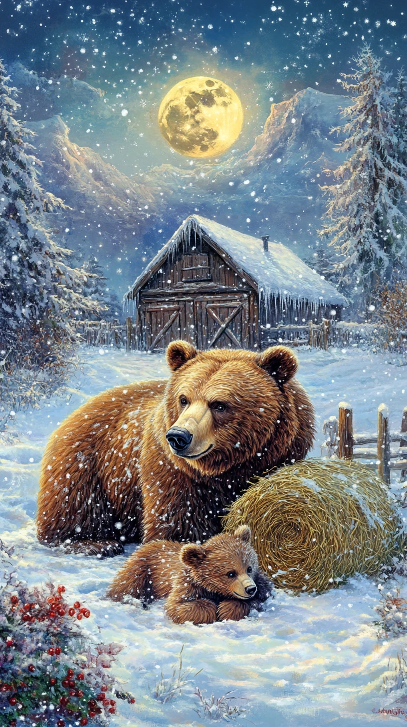 Orso bruno e cuccioli riparati in un prato innevato