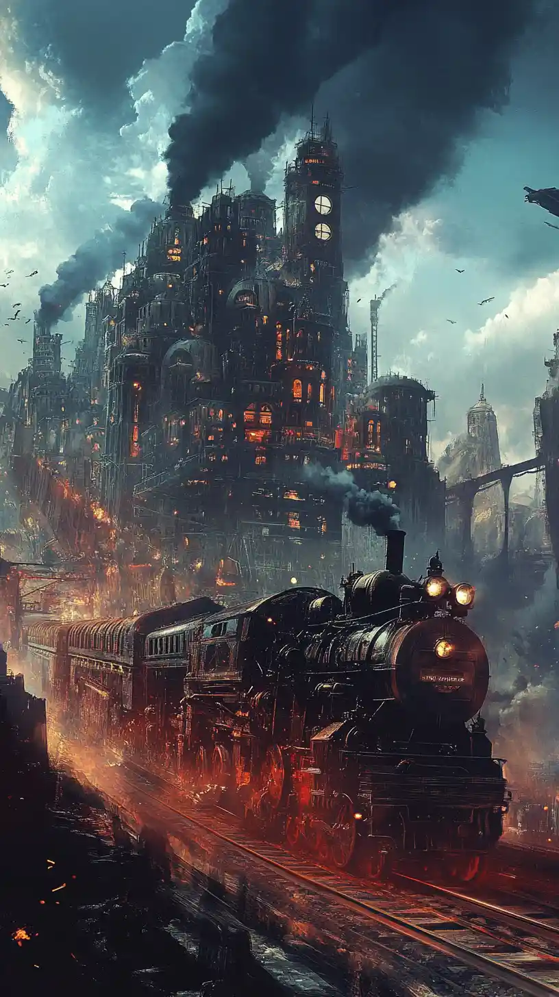 Steampunk predator city on wheels hunting across ruins