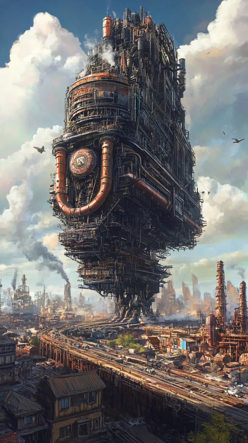 Steam powered city crossing a desolate post apocalyptic wasteland