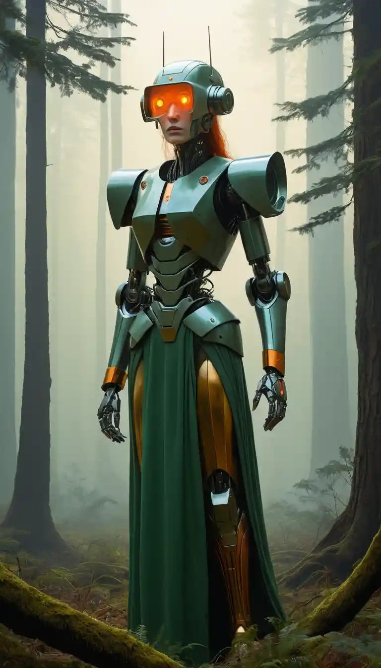 Surprised woman with colossal robot in misty forest