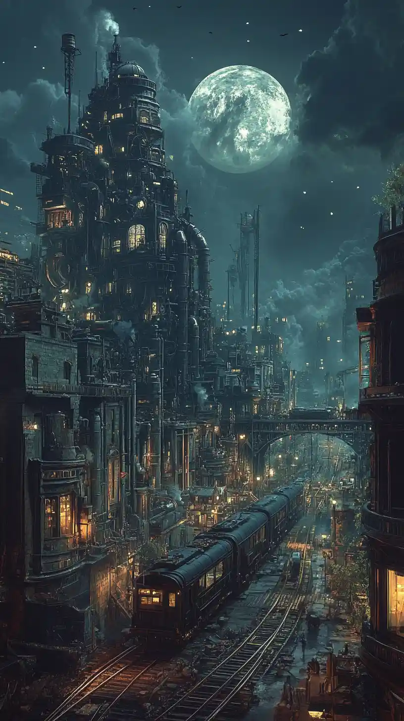 Gigantic mobile city of gears crossing a ruined wasteland