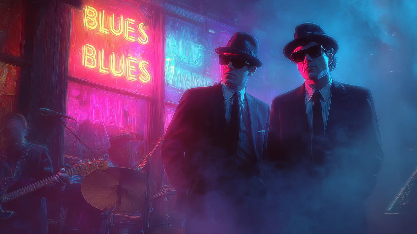 Blues musicians in black suits performing on smoky stage