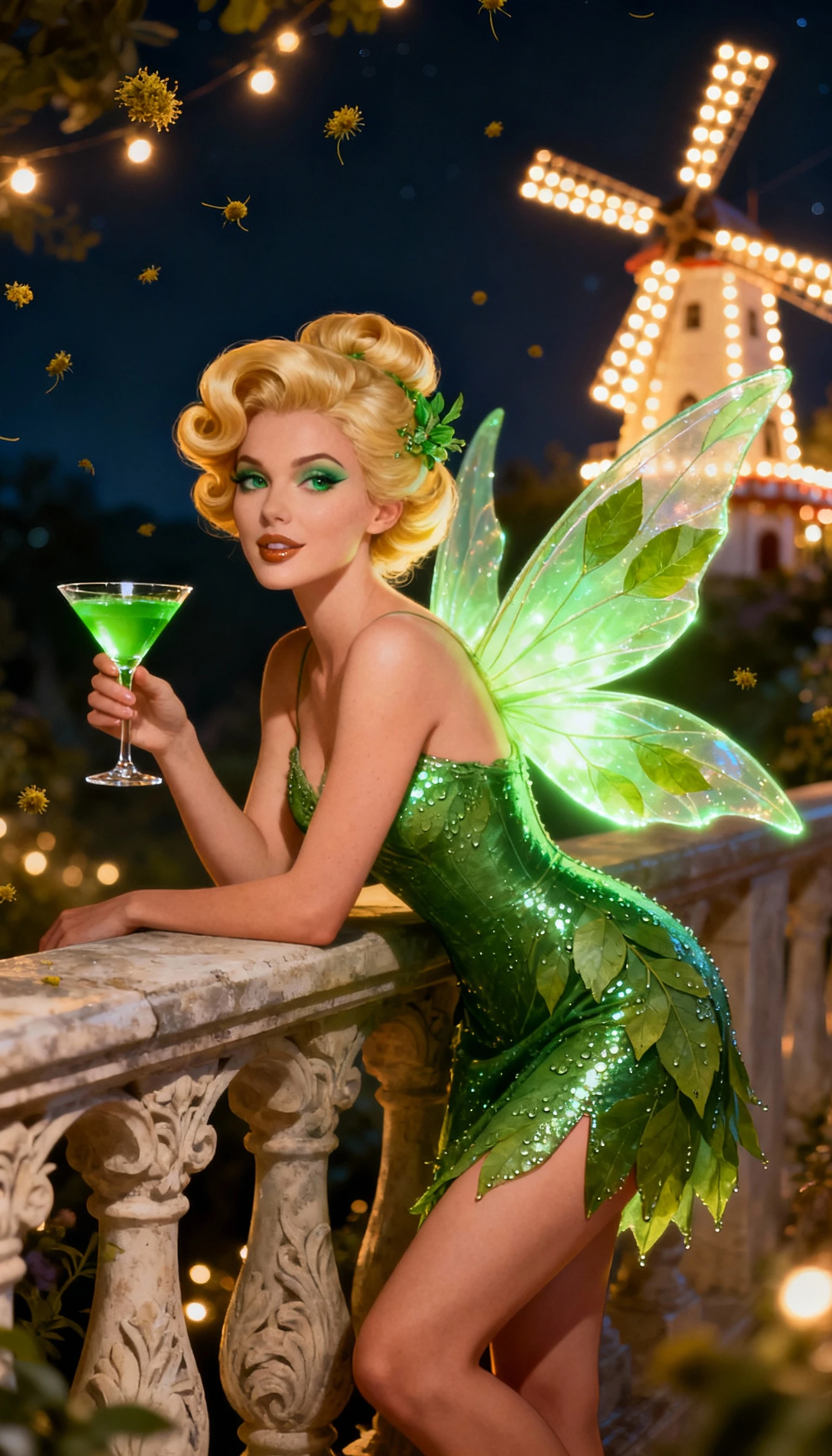 Glamorous fairy woman with emerald dress on night balcony