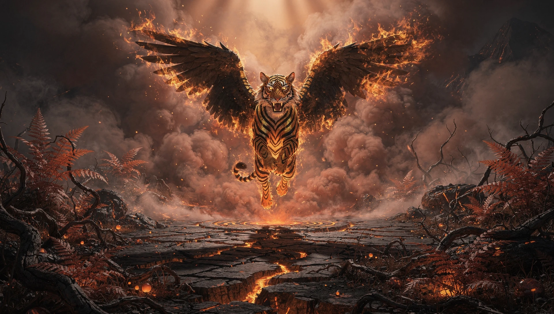 Winged tiger spirit rising in fiery volcanic clearing