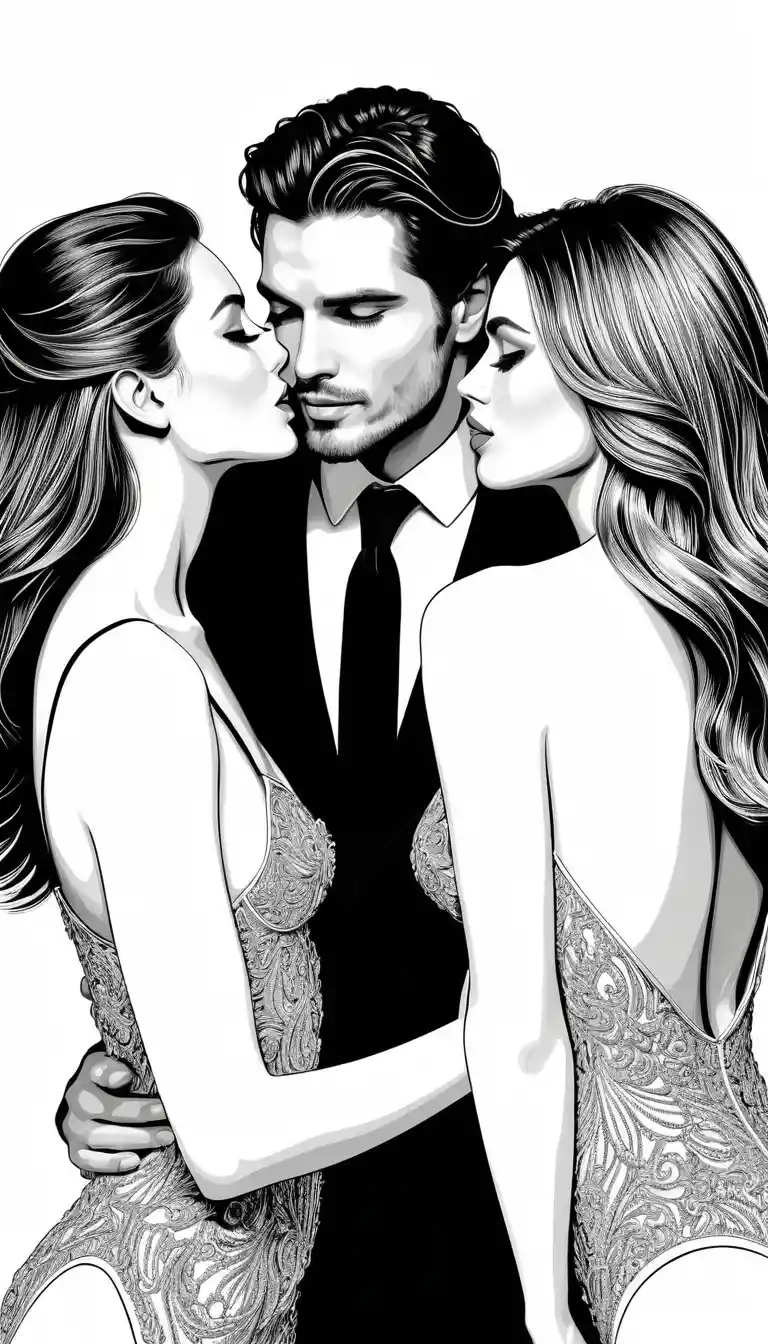 Portrait de club séduisant d’un homme embrassant deux femmes glamour