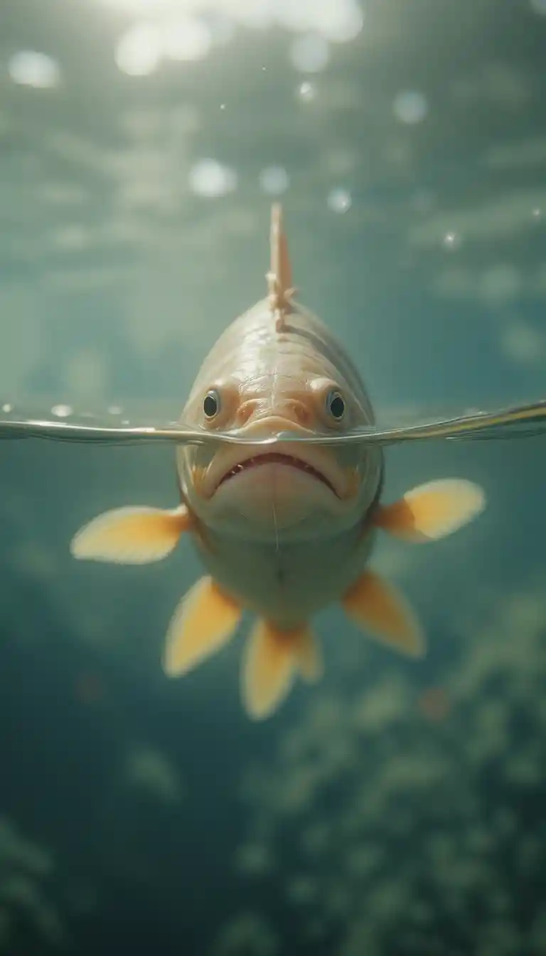 Pequeño pez flotando serenamente sobre agua clara y quieta