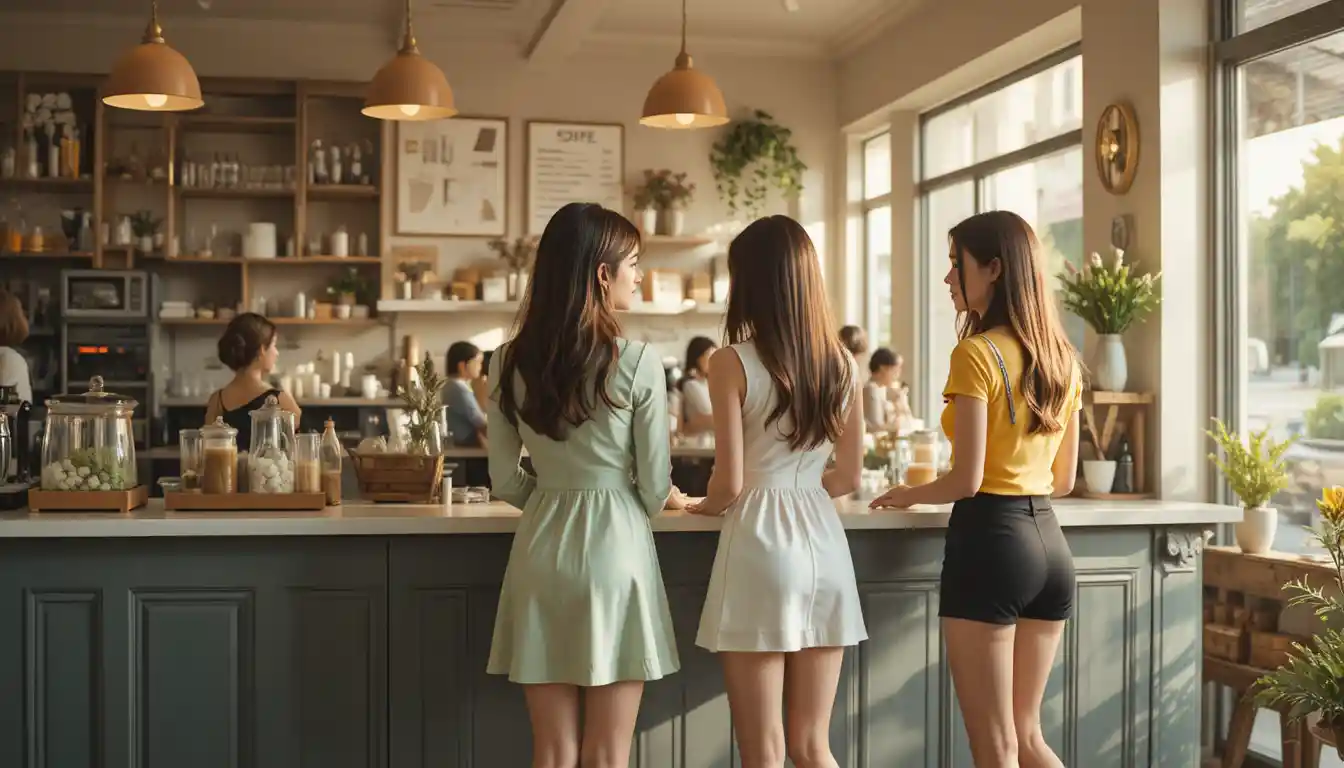 Three women talking at a sunlit coffee shop counter