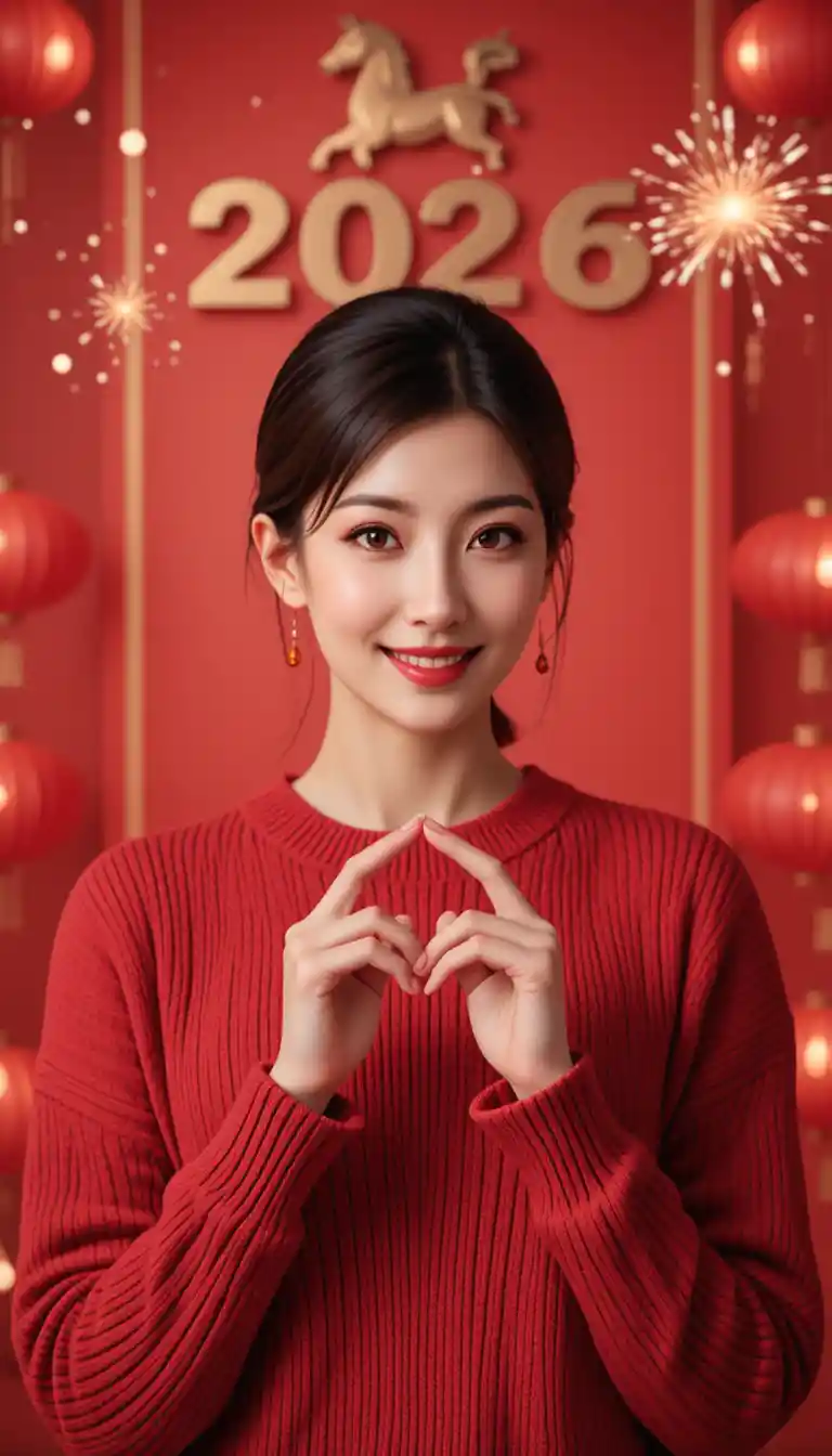 Femme chinoise en pull rouge faisant un geste de cœur