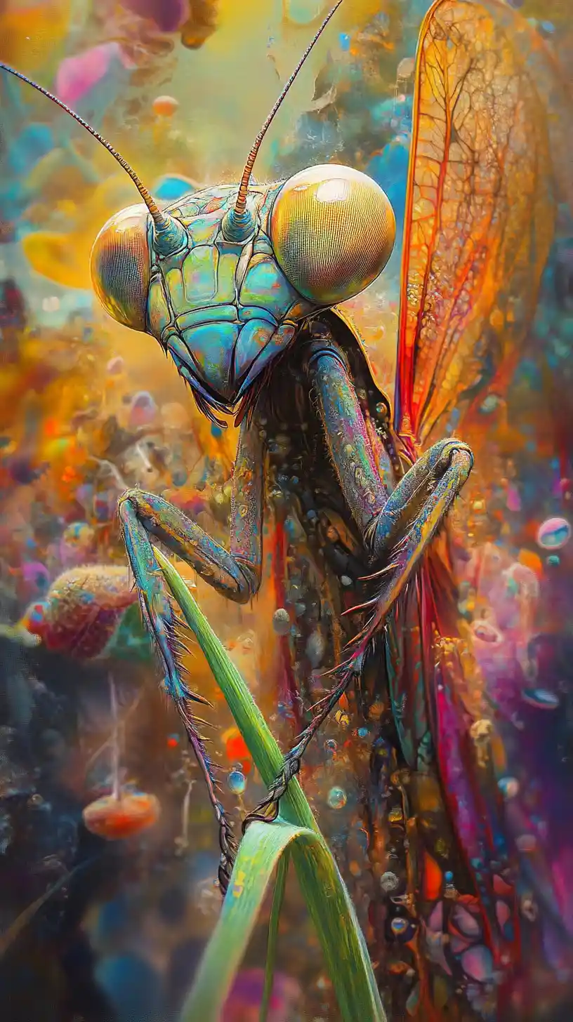 Psychedelic mantis on grass in swirling abstract colors
