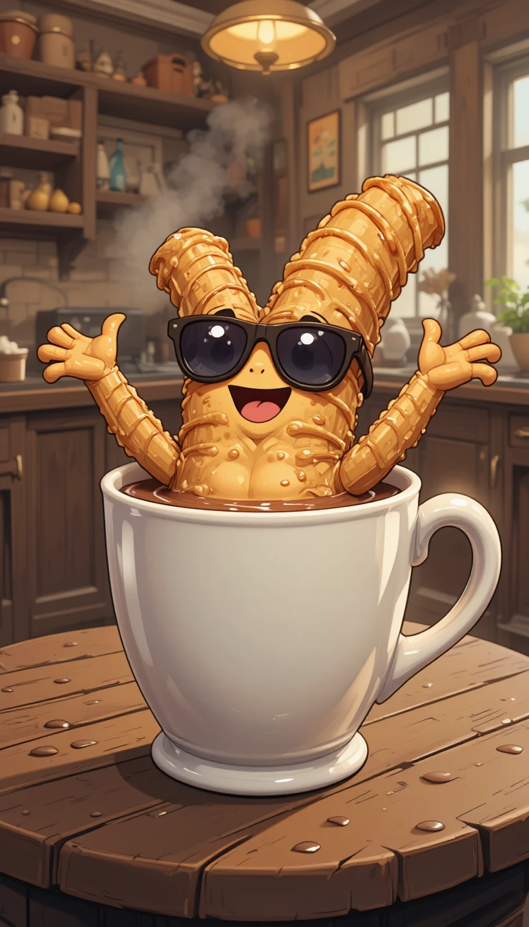 Churro genial relajándose en una taza de chocolate caliente