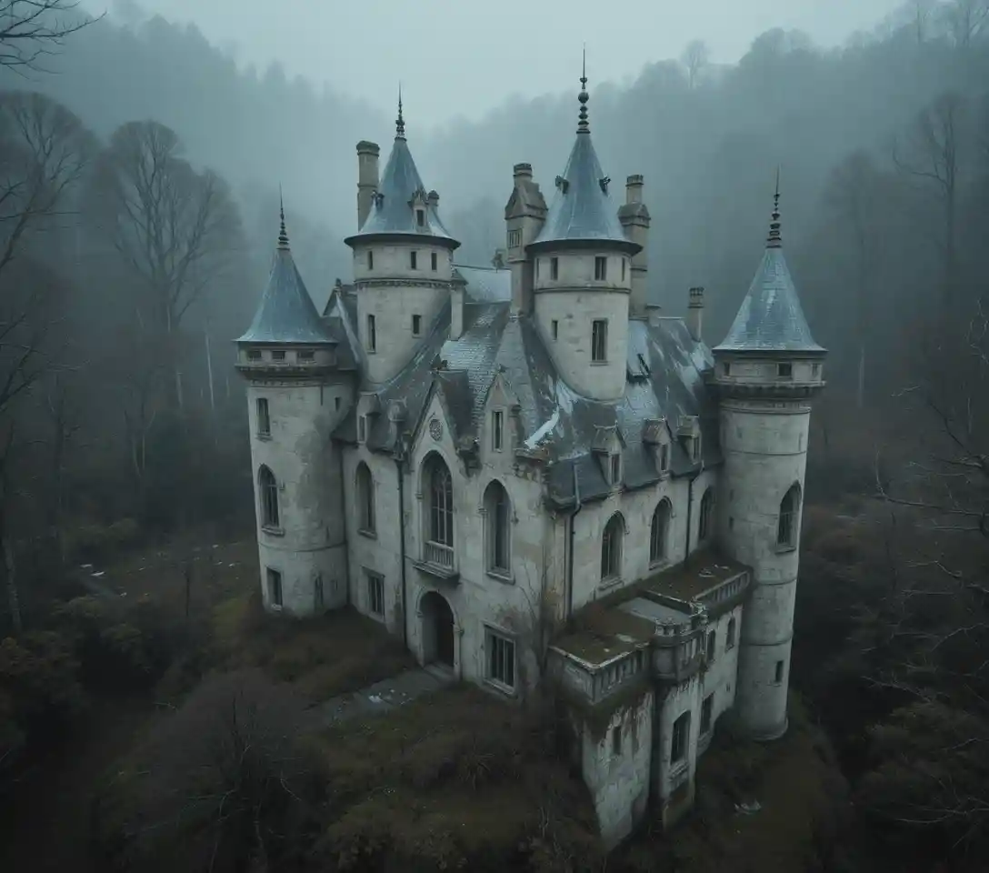 Castello francese abbandonato circondato da una foresta oscura e incalzante