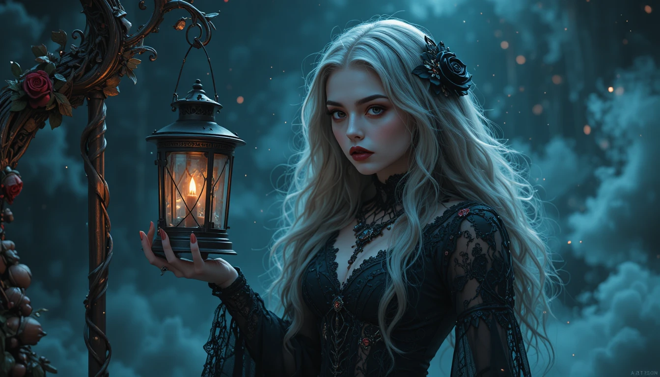 Gothic vampire woman with black rose in candlelit night
