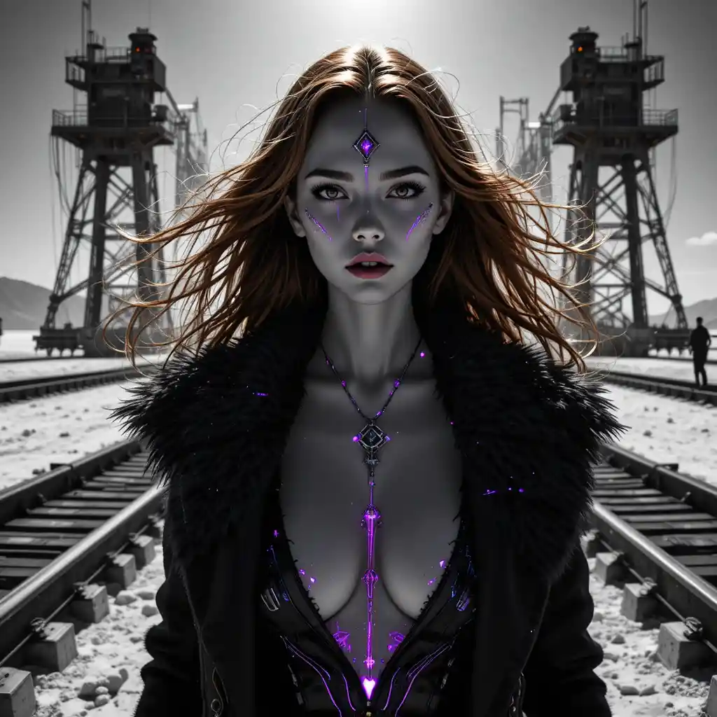Cyberpunk woman on salt flat logistics hub in harsh sun