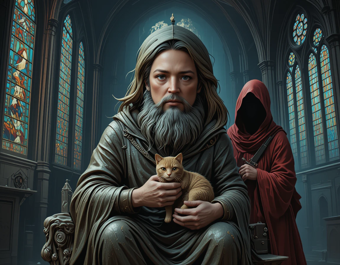 Bronze hooded statue holding a small cat in cathedral