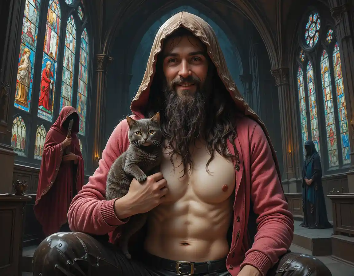 Bronze hooded statue holding a small cat in cathedral