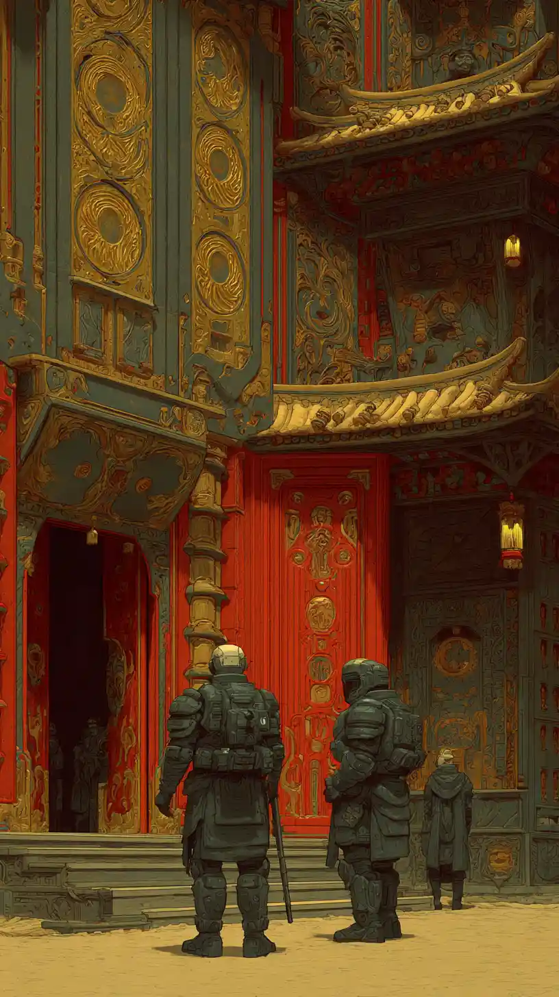 Cyberpunk-Wachen im prunkvollen goldenen Palastinterieur