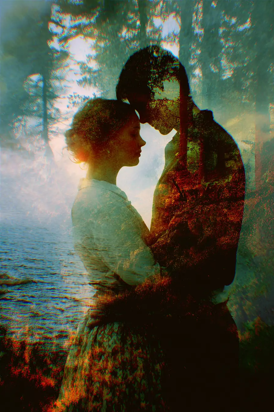 Broken heartscape over forest and sea in double exposure