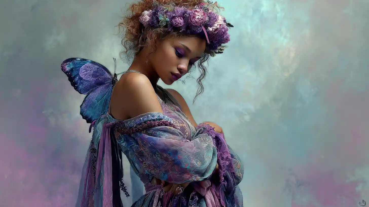 Träumendes Mädchen mit Schmetterling in fließendem, buntem Kleid