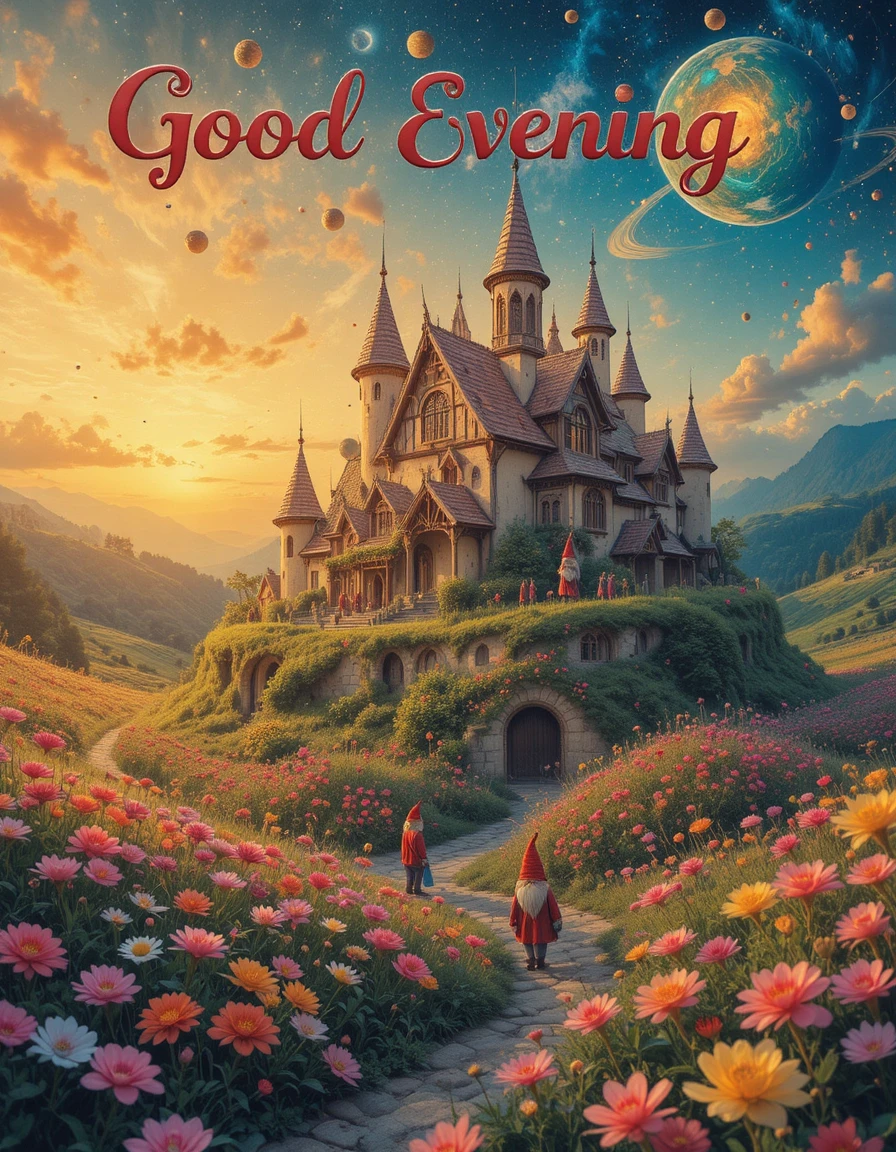 Whimsical gnome village floating above a sunset meadow
