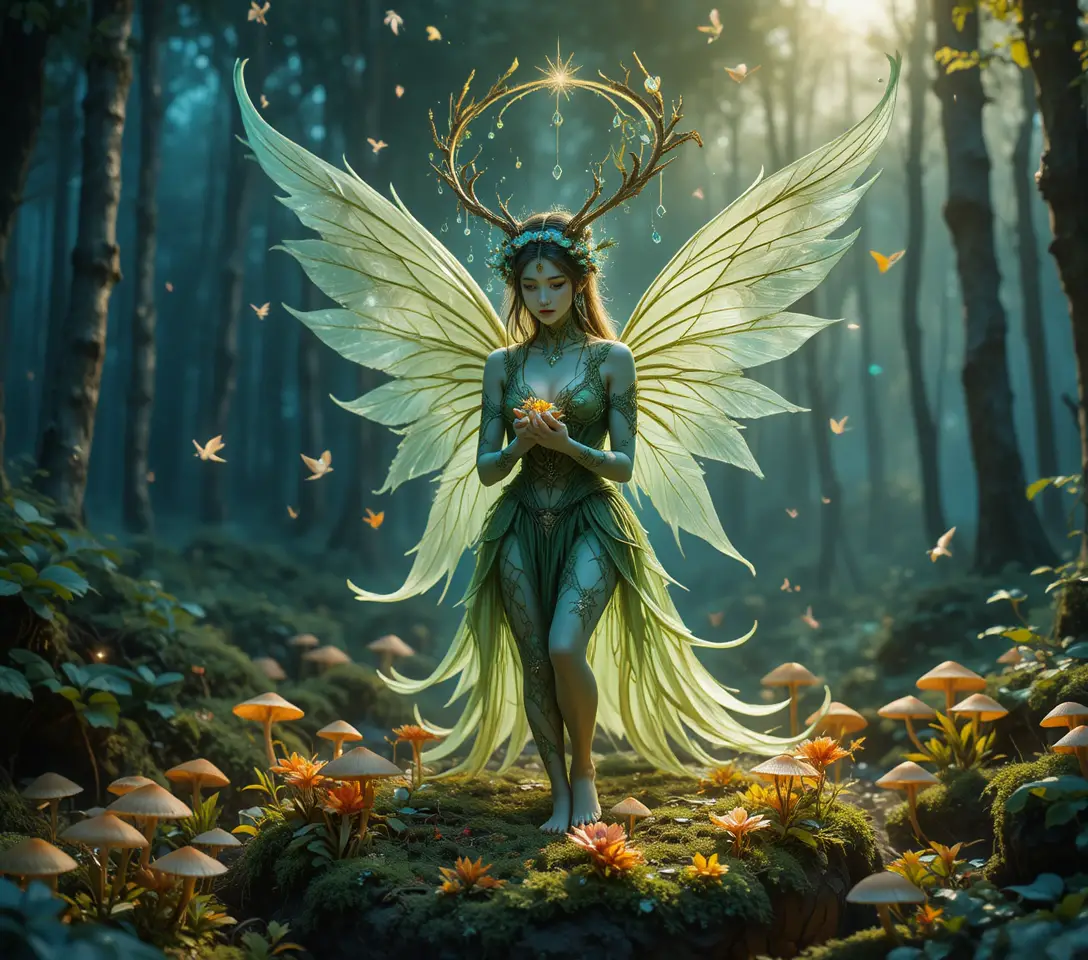 Forest nymph with glowing green wings on mossy boulder
