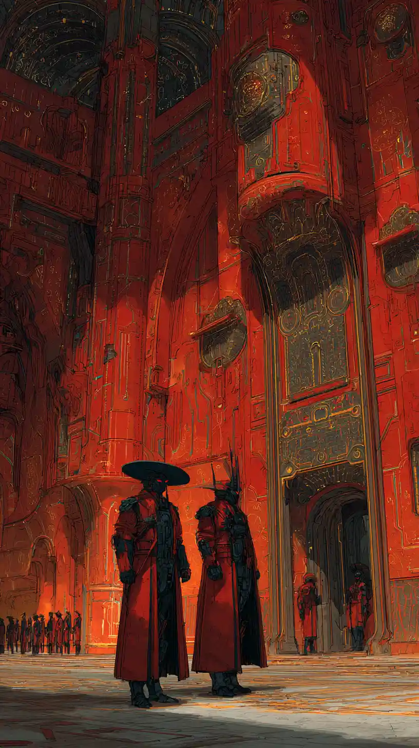Guardie cyberpunk in un sontuoso palazzo dorato fantasy