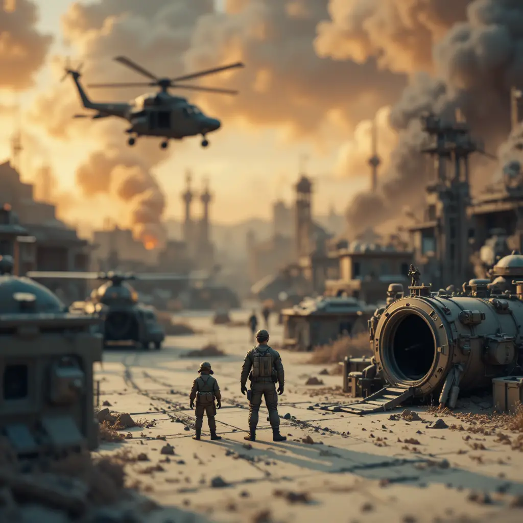 Miniatur‑Militärbasis in einer postapokalyptischen Pixelwelt