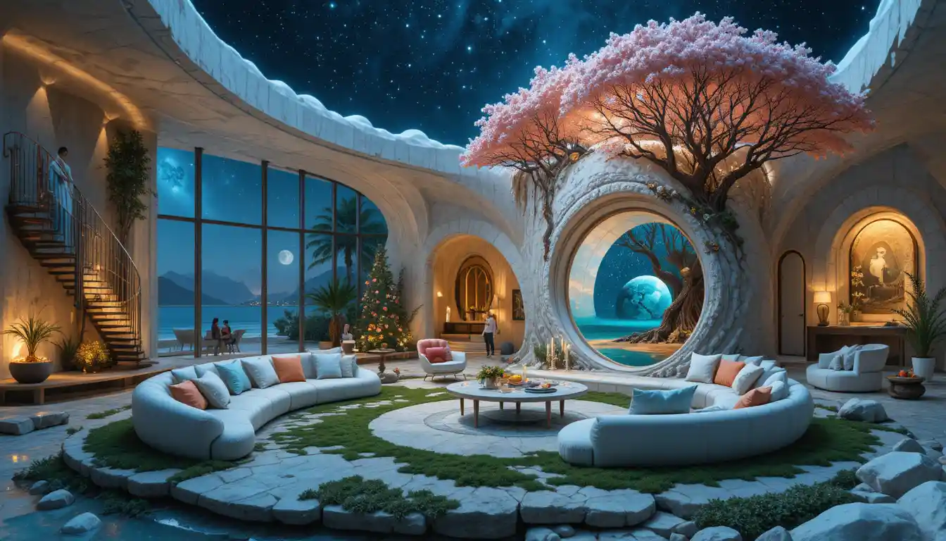 Futuristic coastal house with paradise garden and ocean waves