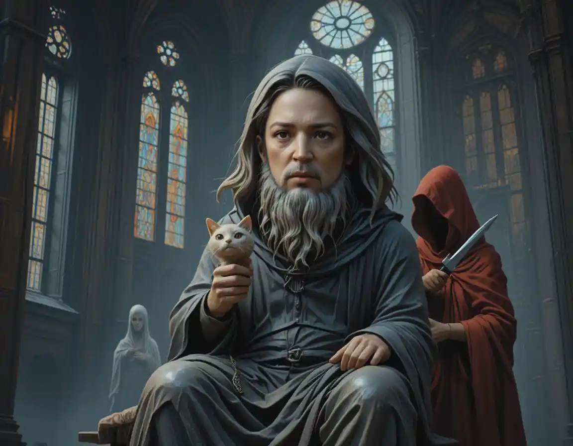 Bronze hooded monk with cat in gothic cathedral