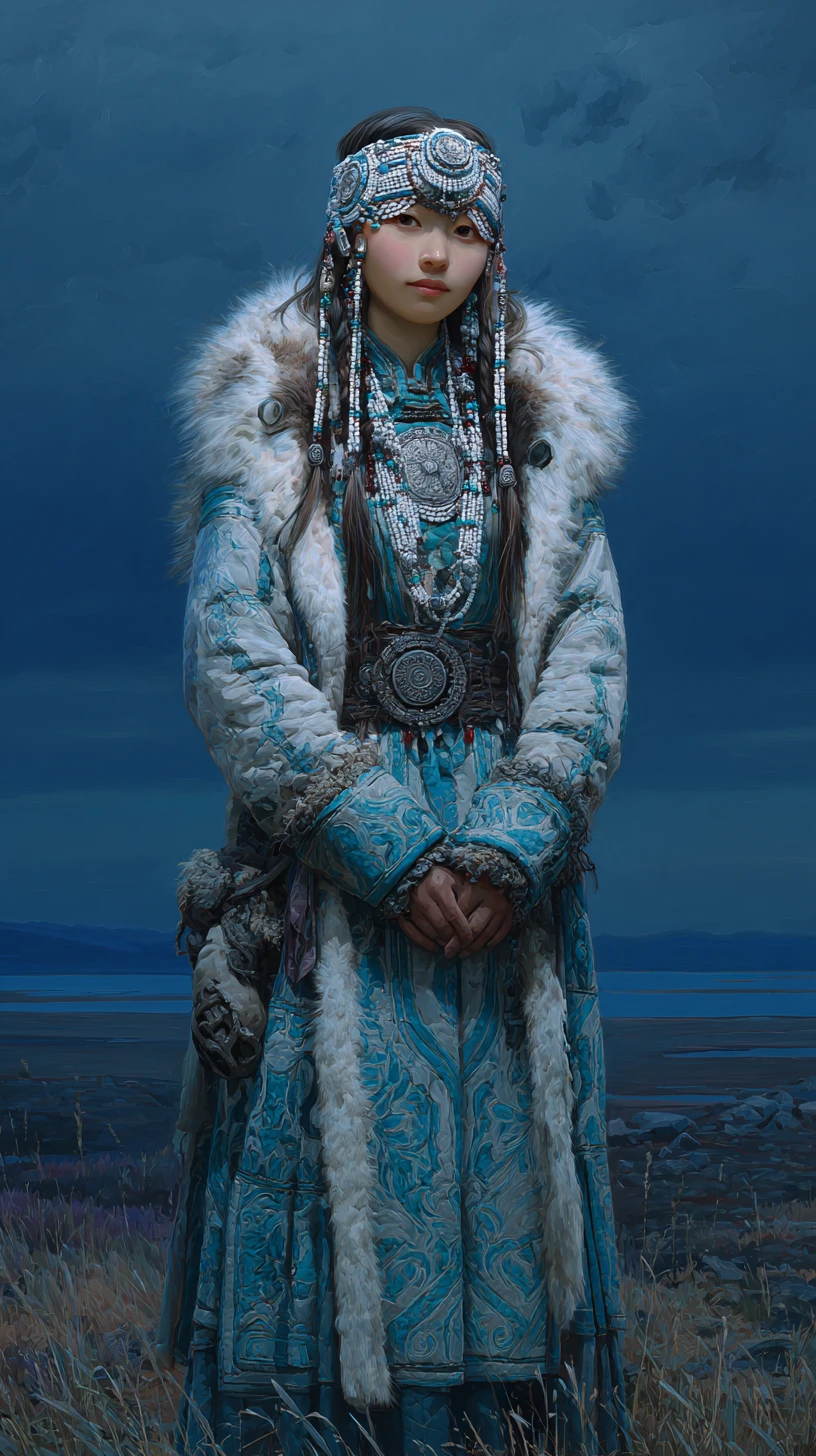 Portrait of a translucent Yakutian ghost girl in Siberian night