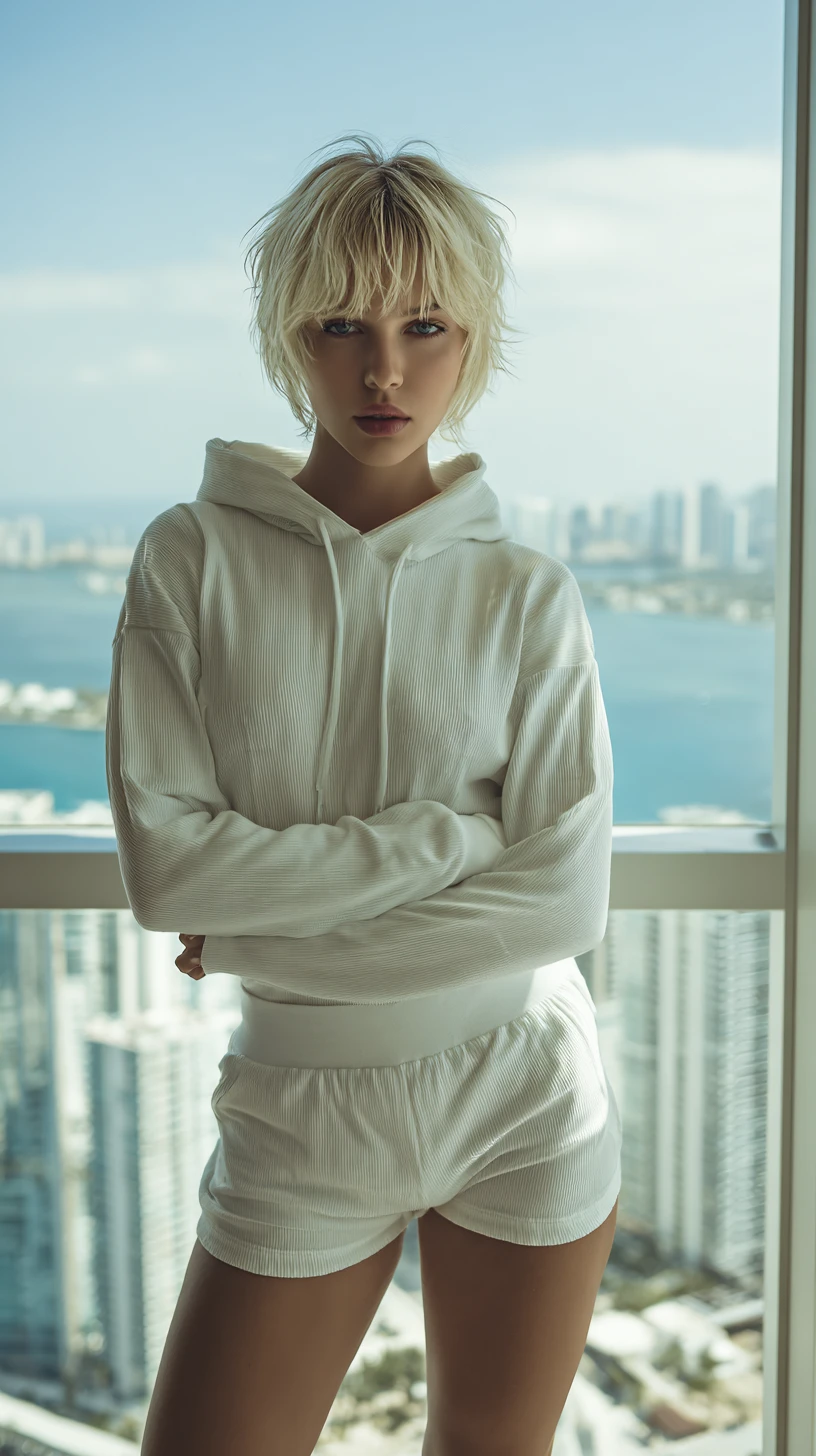 Modelo de moda rubia con sudadera blanca junto a las ventanas de la ciudad