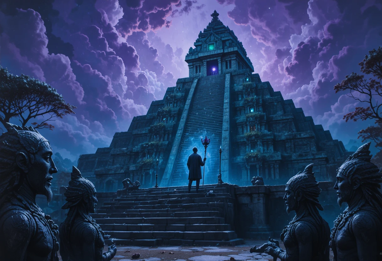 Surreal jungle temple and high priest under eerie glowing sky