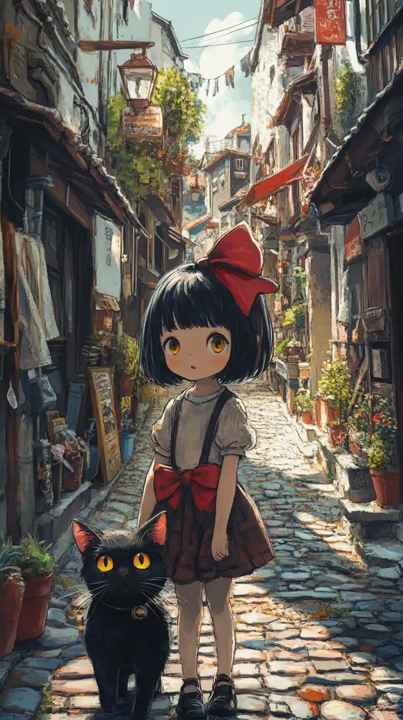 Anime girl with black cat in narrow cobblestone alley