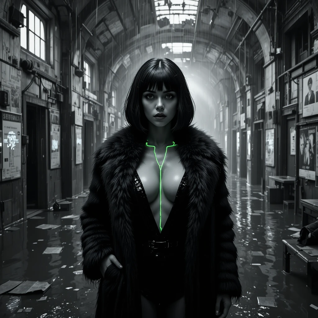 Dark fashion woman in flooded industrial opera interior