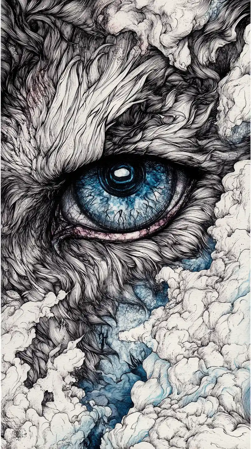 Surreal ink wolf eye illusion with vivid color accents