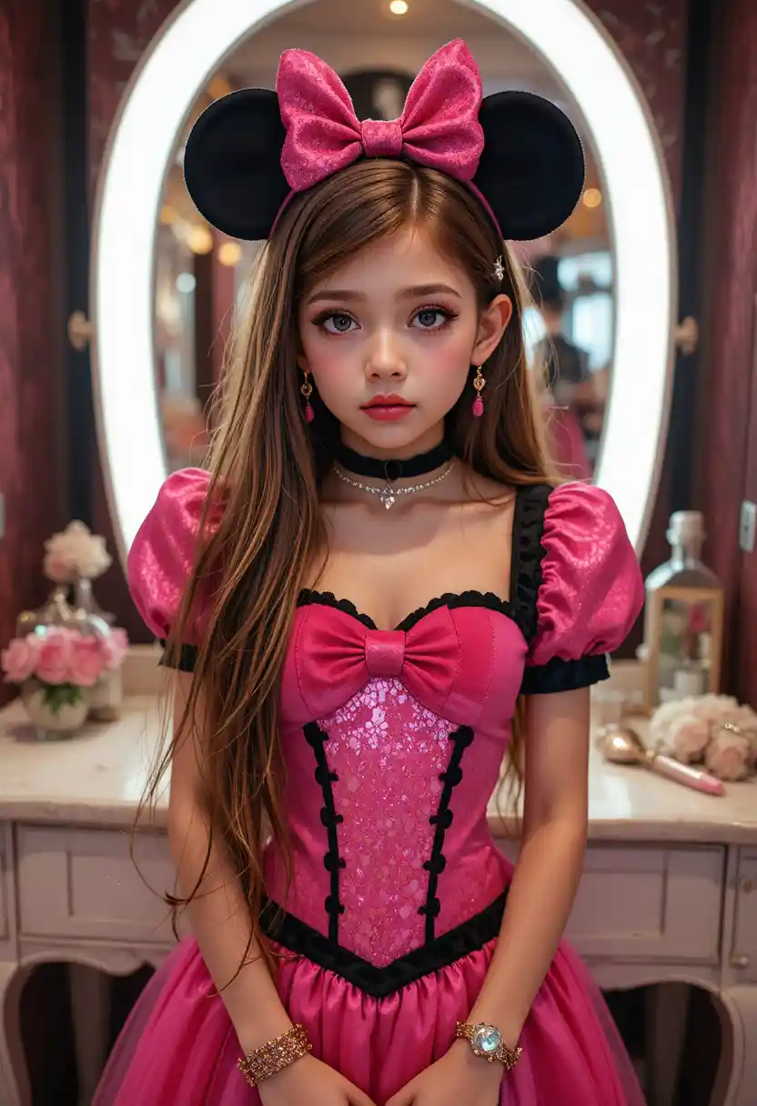 Shy tween boy in Minnie Mouse costume at boutique vanity