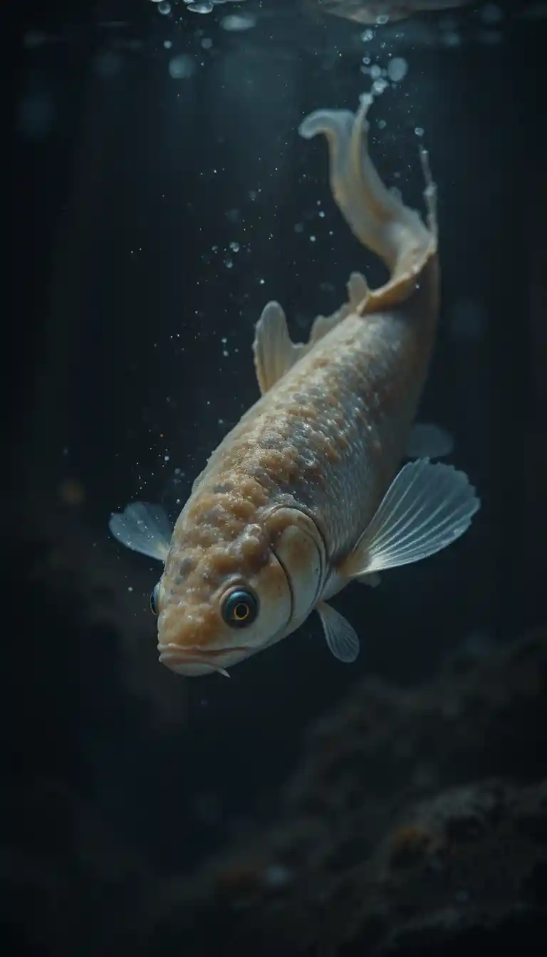 Pequeño pez en agua quieta con iluminación cinematográfica en primer plano