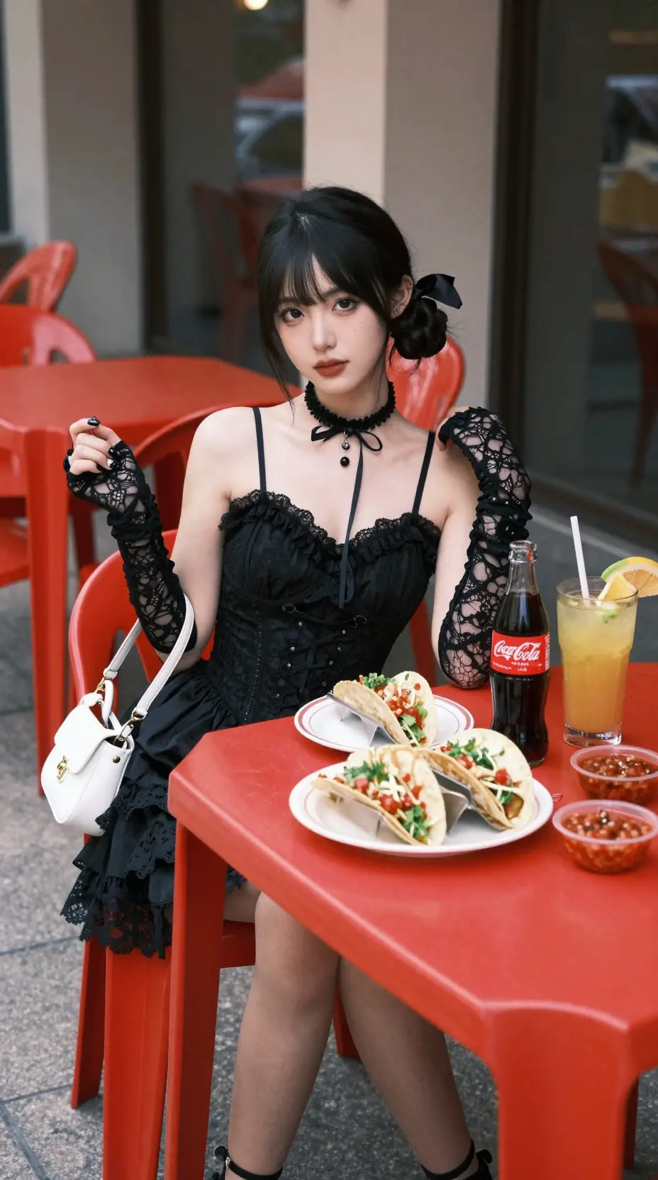 Gothic dressed young woman dining at red outdoor table